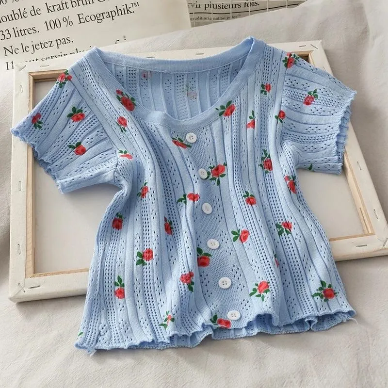 Floral Print Hollow Out Tee